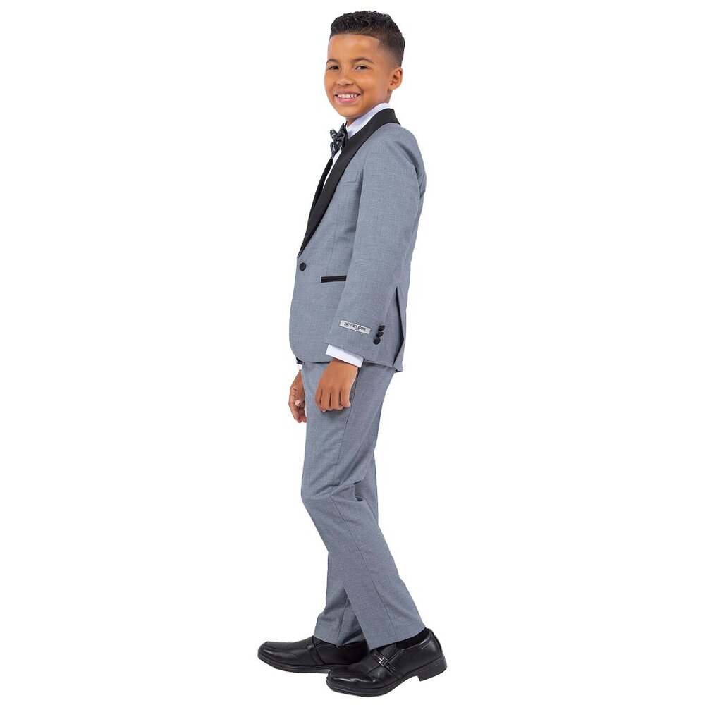 Stacy Adams Boys Mid Gray Tuxedo Set, 5-Piece Black Shawl Collar - Picture 4 of 5